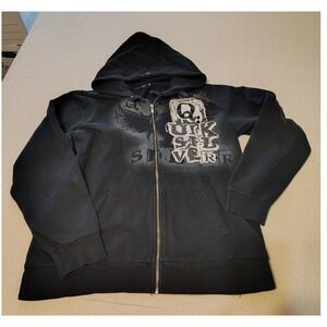 Vintage Y2K Quiksilver Black Zip Up Hoodie Print Full Zip Sweatshirt Size L